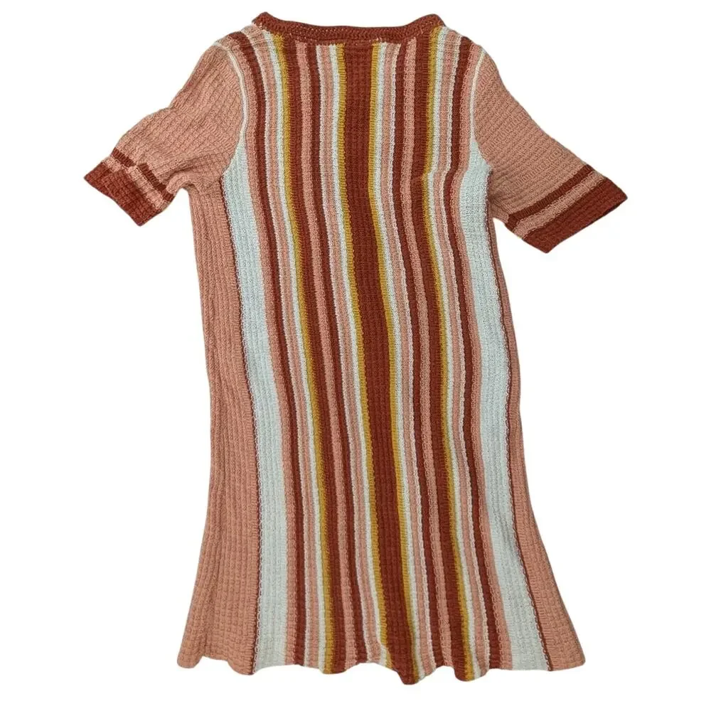 Free People LollyPop Knit Retro Mini V-Neck Dress Sunset Combo Stripe Size Small
